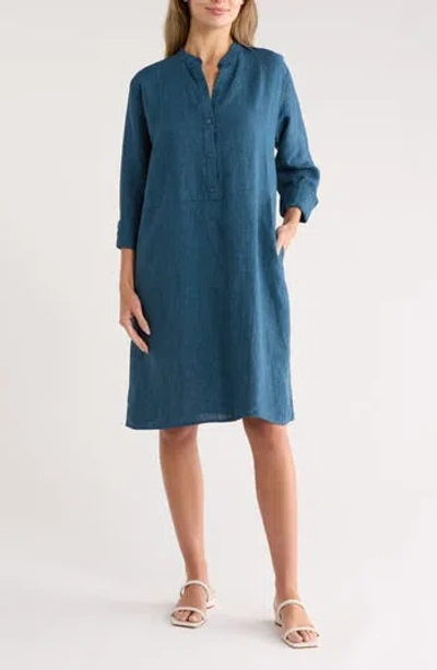 Eileen Fisher Long Sleeve Organic Linen Shift Shirtdress In Blue