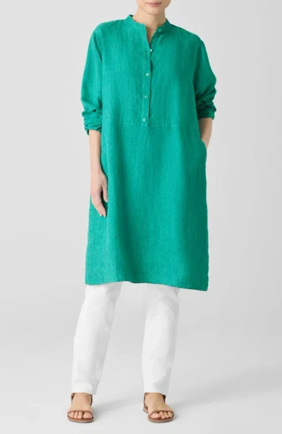 Eileen Fisher Long Sleeve Organic Linen Shift Shirtdress In Jade