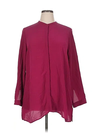 Pre-owned Eileen Fisher Long Sleeve Silk Top Burgundy Keyhole Neckline Tops
