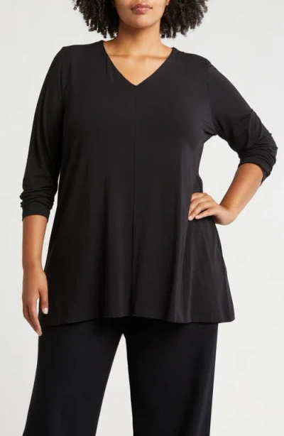 Eileen Fisher Long Sleeve V-neck Tunic Top In Black