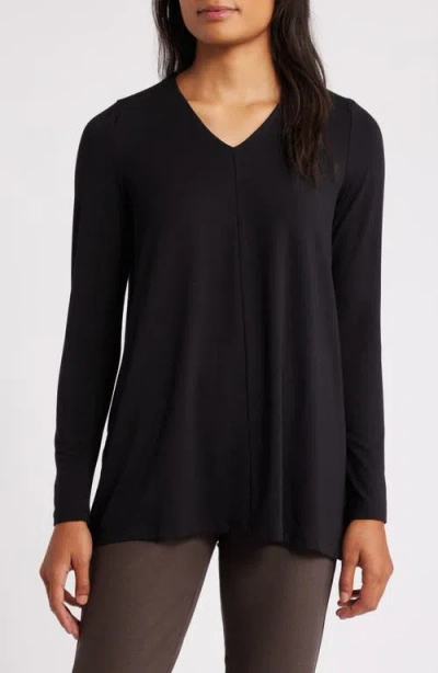 Eileen Fisher Long Sleeve V-neck Tunic Top In Black