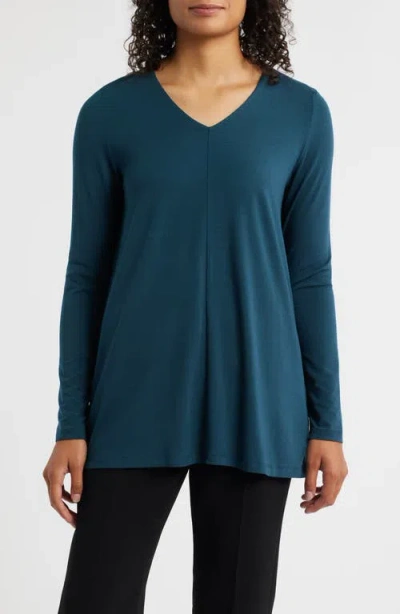 Eileen Fisher Long Sleeve V-neck Tunic Top In Brown