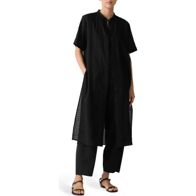 Eileen Fisher Longline Organic Cotton Blend Button-up Shirt In Black