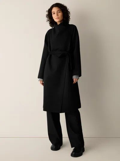Eileen Fisher Lustrous Wool Drape Neck Coat In Black