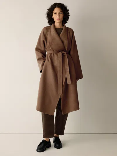 Eileen Fisher Lustrous Wool Drape Neck Coat In Brown
