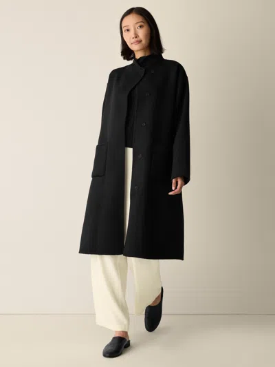 Eileen Fisher Lustrous Wool High Collar Coat In Black