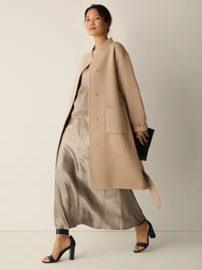 Eileen Fisher Lustrous Wool High Collar Coat In Brown