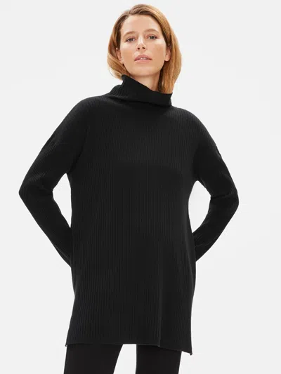 Eileen Fisher Luxe Merino Stretch Funnel Neck Tunic In Responsible Wool In Black