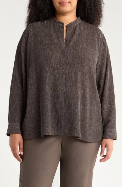 Eileen Fisher Mandarin Collar Button-up Shirt In Brown
