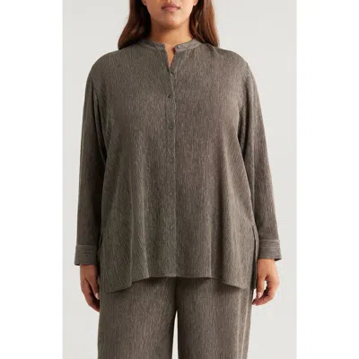 Eileen Fisher Mandarin Collar Button-up Shirt In Taupe