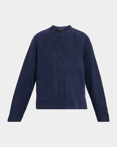 Eileen Fisher Mandarin Collar Button-down Blousr In Blue