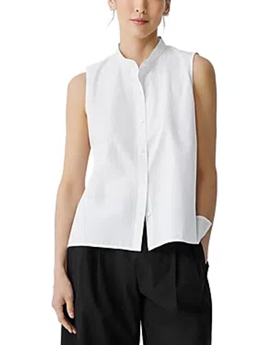 Eileen Fisher Mandarin Collar Cotton Poplin Sleeveless Shirt In White