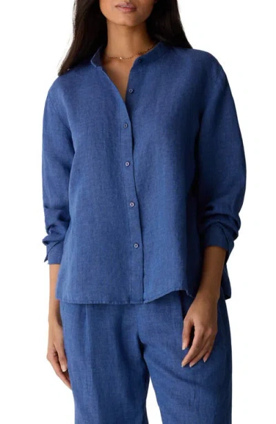 Eileen Fisher Mandarin Collar Long Sleeve Organic Linen Button-up Shirt In Blue