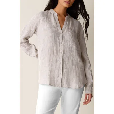 Eileen Fisher Mandarin Collar Long Sleeve Organic Linen Button-up Shirt In Gray