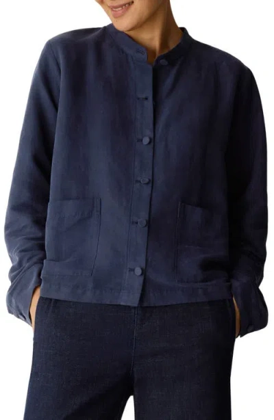 Eileen Fisher Mandarin Collar Organic Linen & Silk Twill Jacket In Blue