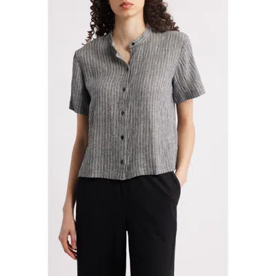 Eileen Fisher Mandarin Collar Organic Linen Button-up Shirt In Gray