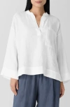 Eileen Fisher Linen Mandarin Collar Popover Top In White