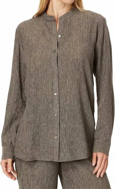 Eileen Fisher Mandarin Collar Plisse Shirt In Taupe In Brown