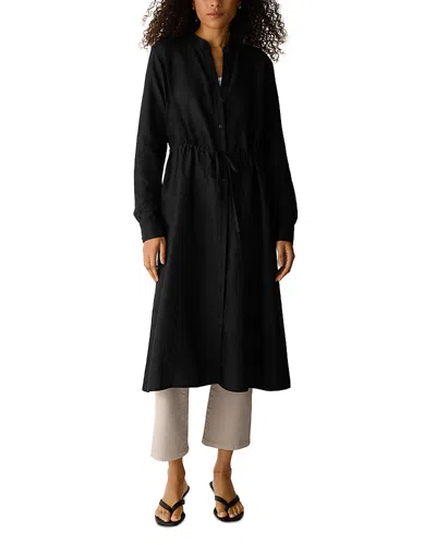 Eileen Fisher Mandarin Collar Long Sleeve Organic Linen Midi Shirtdress In Black