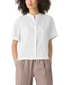 Eileen Fisher Band Collar Short Sleeve Organic Linen Button-up Shirt In White