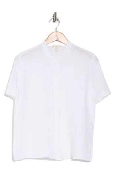 Eileen Fisher Mandarin Collar Short Sleeve Organic Linen Button-up Shirt In White
