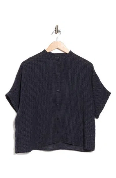 Eileen Fisher Mandarin Collar Short Sleeve Organic Linen Button-up Shirt In Blue