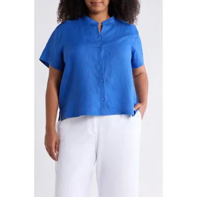 Eileen Fisher Mandarin Collar Short Sleeve Organic Linen Button-up Shirt In Blue