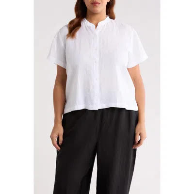 Eileen Fisher Mandarin Collar Short Sleeve Organic Linen Button-up Shirt In White