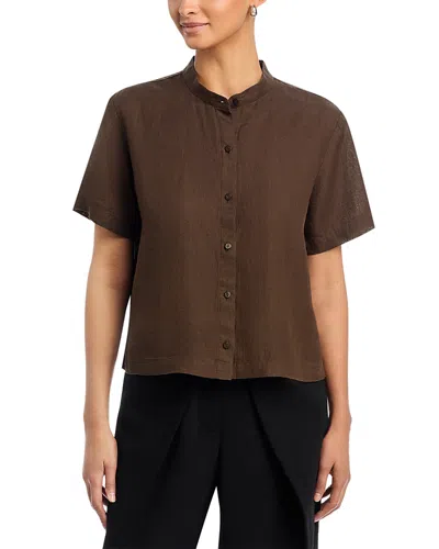 Eileen Fisher Mandarin Collar Short Sleeve Shirt In Brown