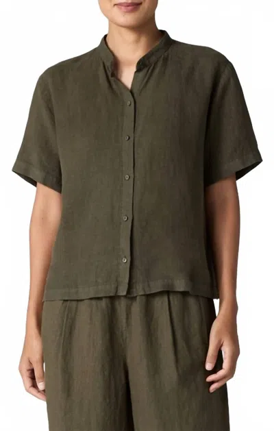 Eileen Fisher Mandarin Collar Short Slv Shirt In Branch In Green