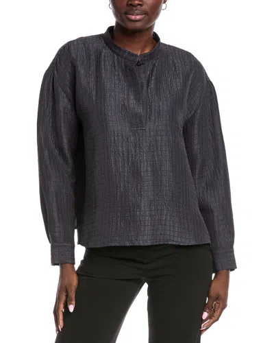 Eileen Fisher Mandarin Collar Silk & Linen-blend Top In Blue
