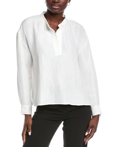 Eileen Fisher Mandarin Collar Silk & Linen-blend Top In White
