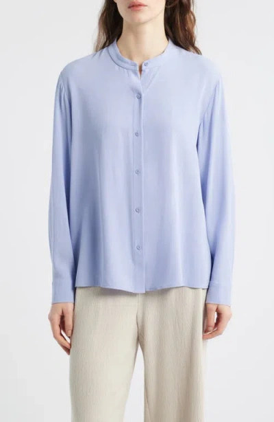 Eileen Fisher Mandarin Collar Silk Button-up Shirt In Blue