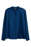 Eileen Fisher Mandarin Collar Silk Button-up Shirt In Blue