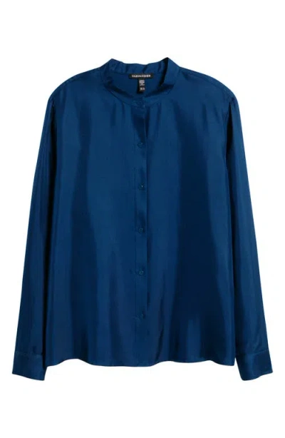 Eileen Fisher Mandarin Collar Silk Button-up Shirt In Blue