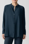Eileen Fisher Mandarin Collar Silk Button-up Shirt In Deep Adriatic