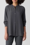 Eileen Fisher Mandarin Collar Silk Button-up Shirt In Ebony