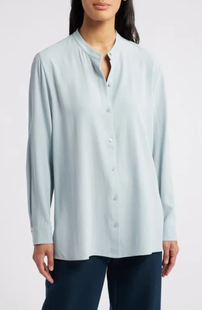 Eileen Fisher Mandarin Collar Silk Button-up Shirt In Blue