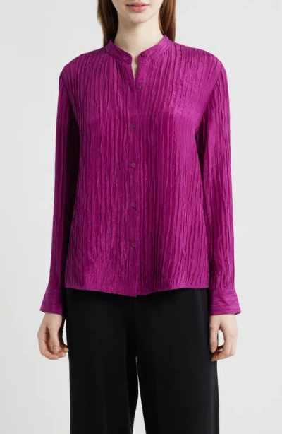 Eileen Fisher Mandarin Collar Silk Button-up Shirt In Purple