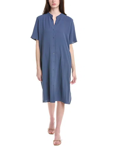 Eileen Fisher Mandarin Collar Silk Midi Dress In Blue