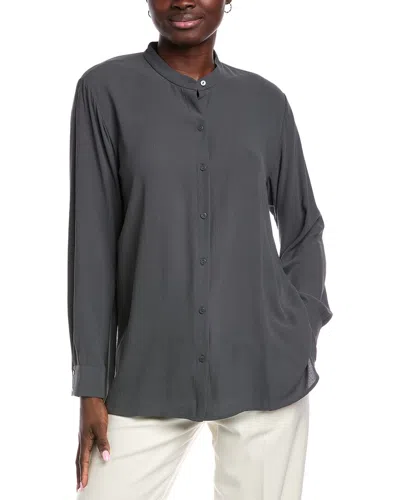 Eileen Fisher Mandarin Collar Silk Shirt In Blue