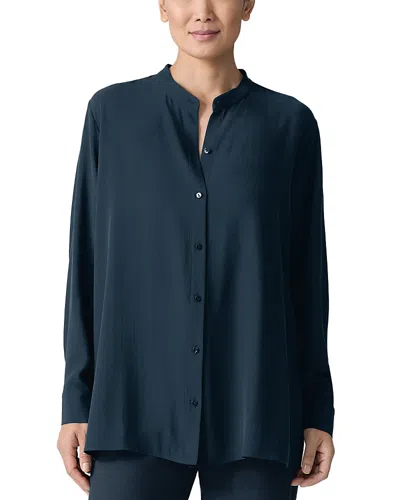 Eileen Fisher Mandarin Collar Silk Shirt In Fir