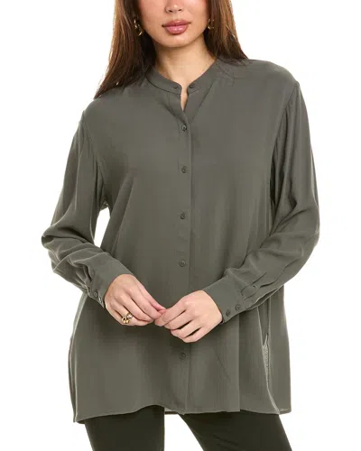 Eileen Fisher Mandarin Collar Silk Shirt In Green