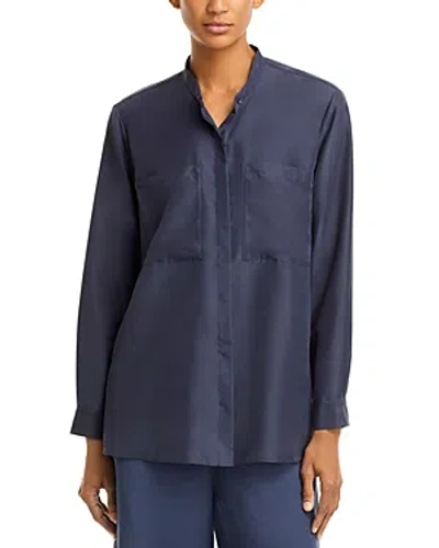 Eileen Fisher Mandarin Collar Silk Shirt In Blue