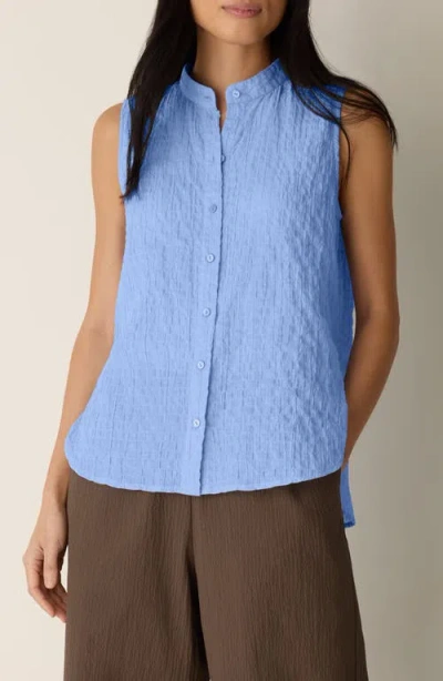 Eileen Fisher Mandarin Collar Sleeveless Button-up Shirt In Blue