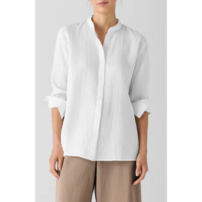 Eileen Fisher Mandarin Collar Textured Organic Cotton Button-up Shirt In White