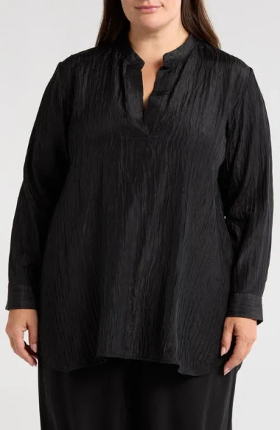 Eileen Fisher Mandarin Collar Textured Stretch Silk Tunic In Black