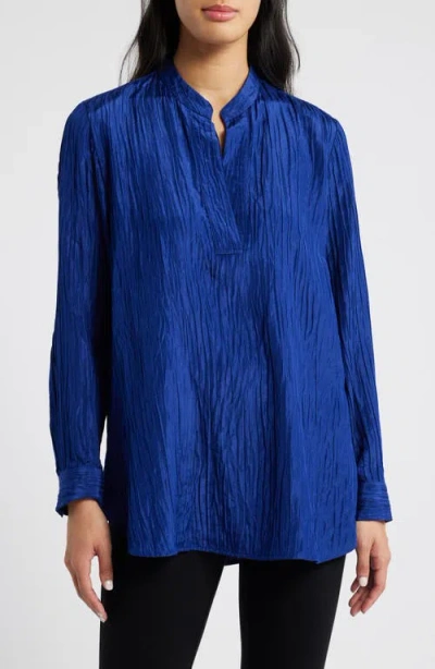 Eileen Fisher Mandarin Collar Textured Stretch Silk Tunic In Navy