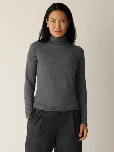 Eileen Fisher Melange Sheer Cotton Blend Knit Turtleneck Top In Gray