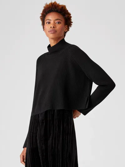 Eileen Fisher Merino Cropped Turtleneck Top In Regenerative Wool In Black